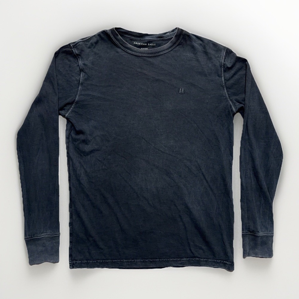American Eagle Men's Long Sleeve Casual Tee Shirt Acid Wash Grey Logo XS Grunge